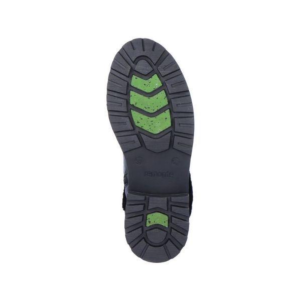 Black rubber outsole with green ice grips