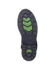 Black rubber outsole with green ice grips