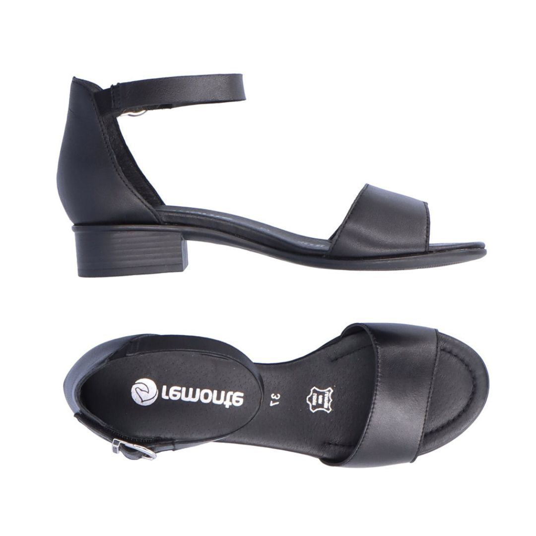 Black sandal that has ankle strap with silver buckle and low stacked heel. Remonte logo printed on footbed.