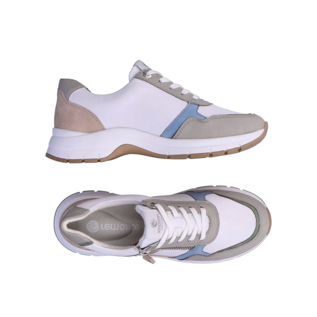 Top and side view of white, pale pink, blue and green sneaker with white laces and side zipper closure. Remonte logo on insole.