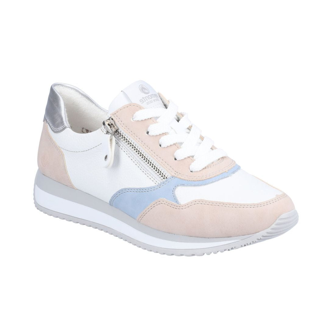 White, blue and pink sneaker with grey and white outsole. Sneaker has white laces and zipper closure.