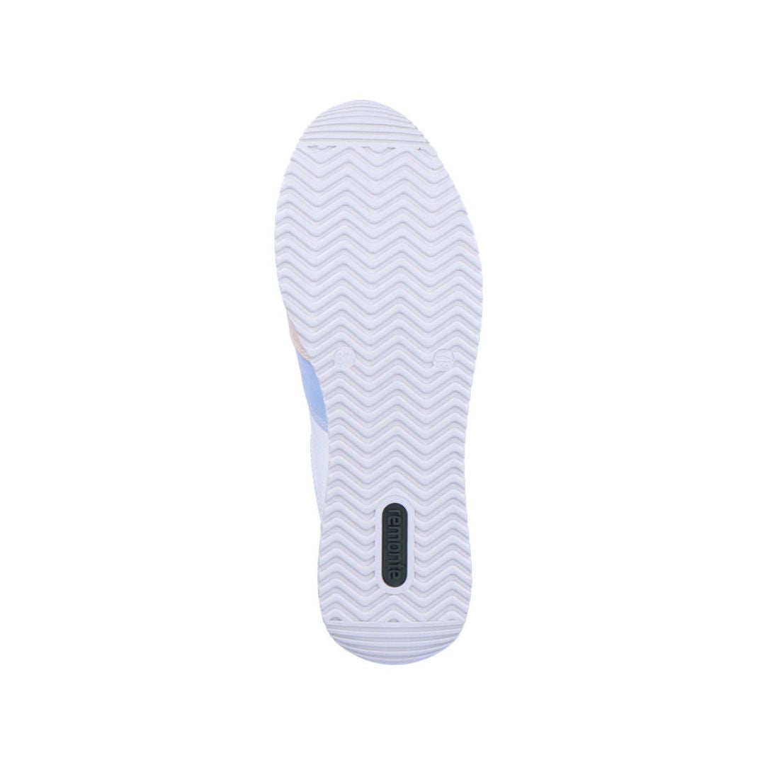 White rubber outsole with green remonte logo on heel.