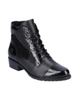Black and black patent patchwork ankle boot with lace closure.