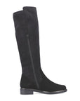 Black tall boot with small silver Remonte emblem at top. Boot has inside zipper closure.