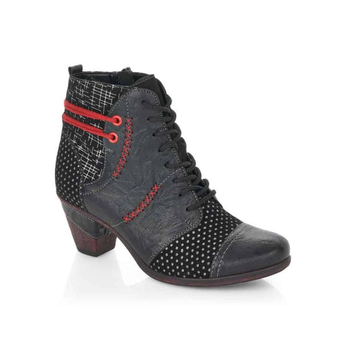 Black booties with laces, red accents and polka dot details.