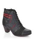 Black booties with laces, red accents and polka dot details.