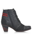 Black booties with laces, red accents and polka dot details. Inside functional zipper.