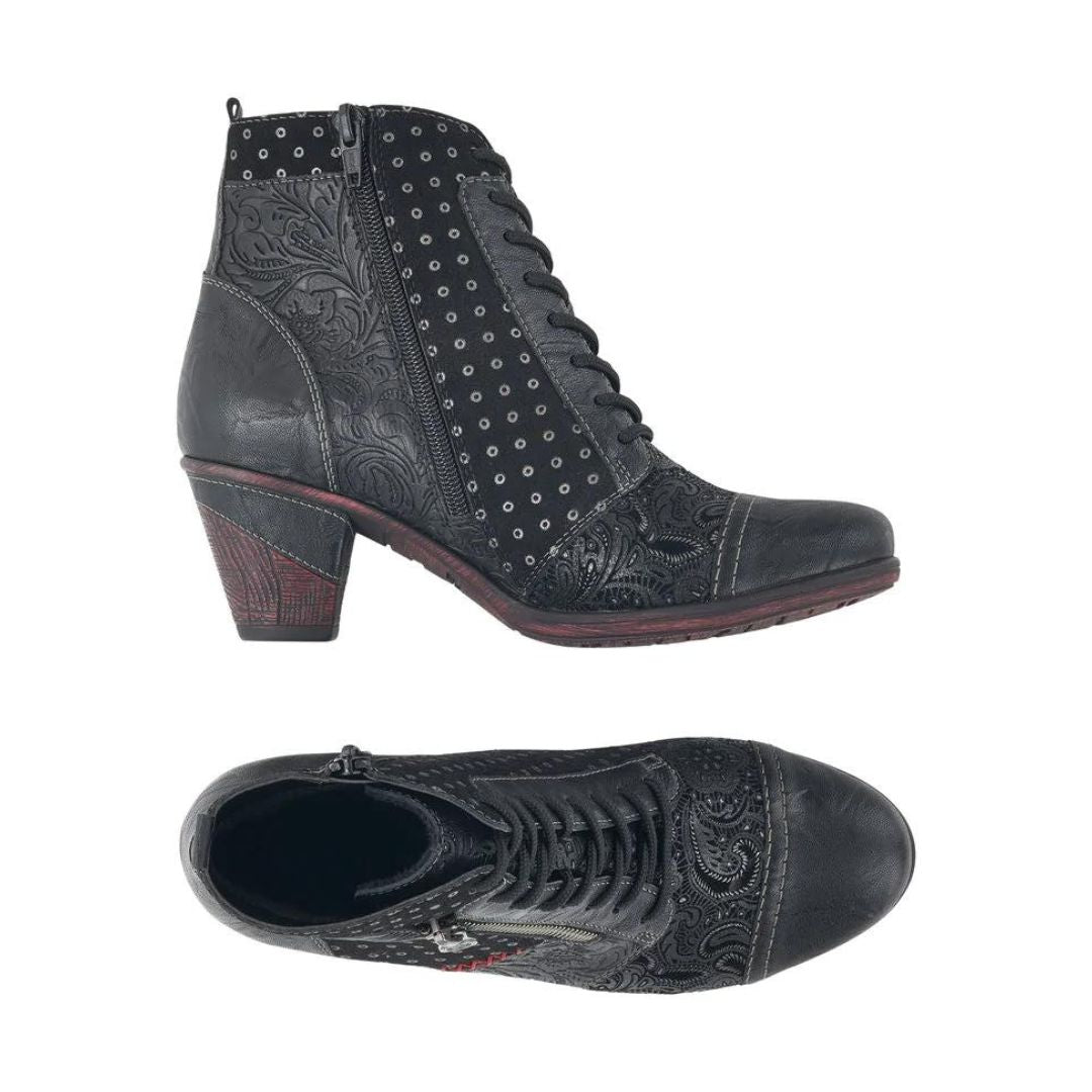 Black heeled booties with laces, decorative zipper and paisley and polka dot details. Inside zipper closure.