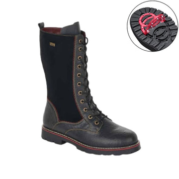 Mid-height black leather and suede winter boot with lace closure.