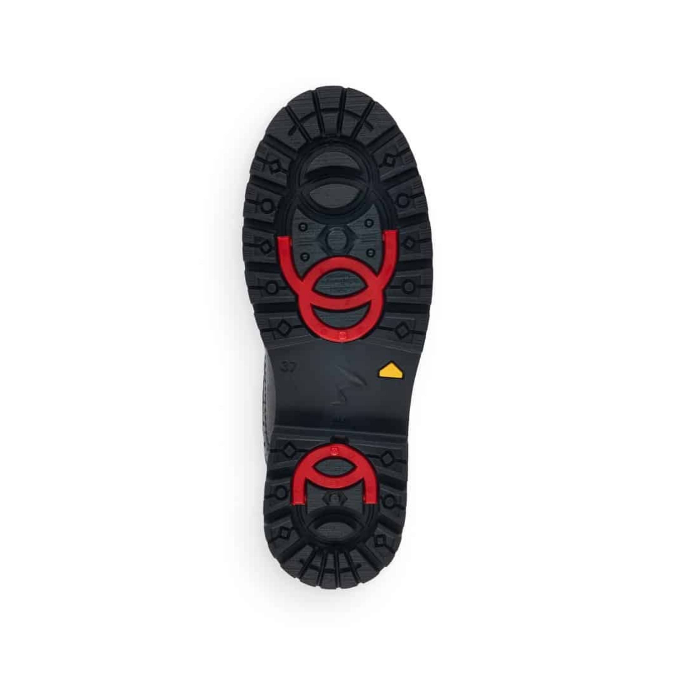 Black rubber outsole with great grip and red collapsible ice cleats