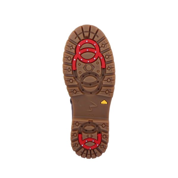 Brown Remonte outsole with red collapsible ice cleats built. 