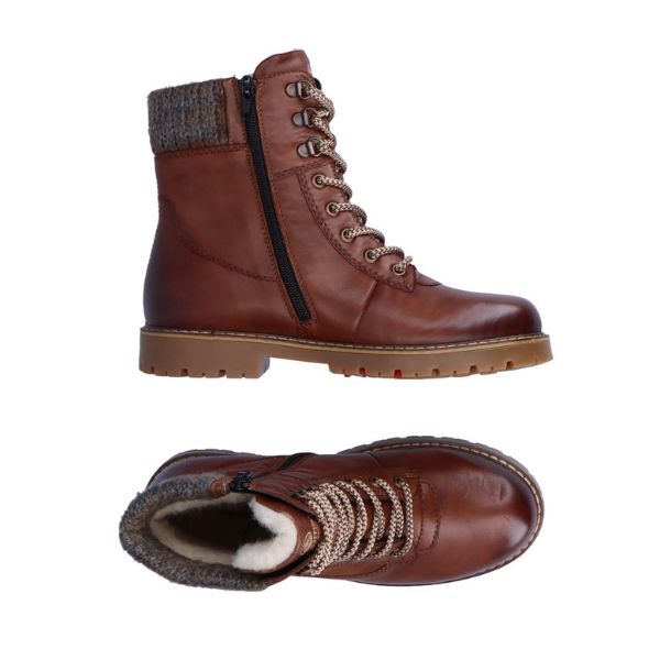 Pair of Brown leather lace-up winter boot with padded wool collar, side zipper and rugged rubber sole.