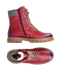 Red leather lace up ankle boot with yarn cuff and inside zipper