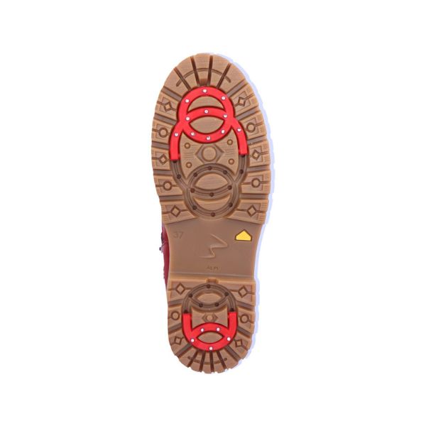 Brown Remonte outsole with red collapsible ice cleats built. 