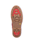 Brown Remonte outsole with red collapsible ice cleats built. 