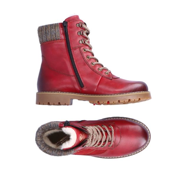 Pair of red leather lace-up winter boot with padded wool collar, side zipper and rugged rubber sole.