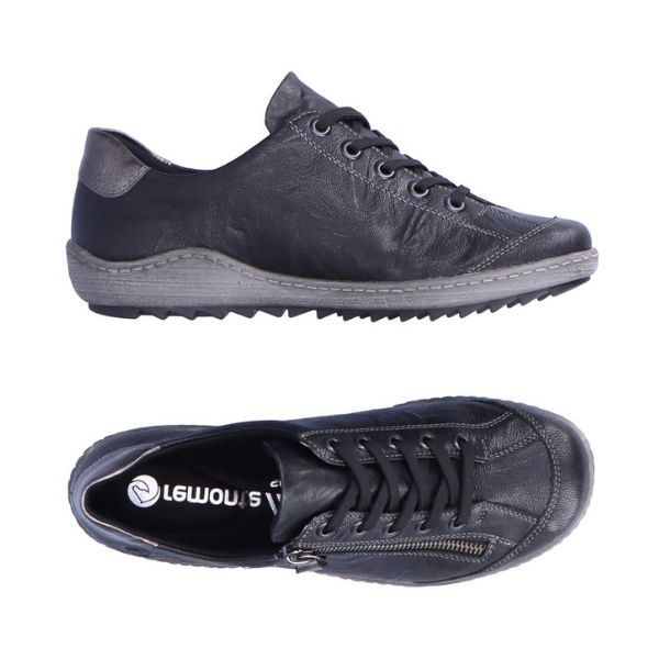 Black lace up shoe with zipper side closure and grey midsole. Remonte logo on insole.