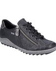 Black lace up shoe with zipper side closure and grey midsole.