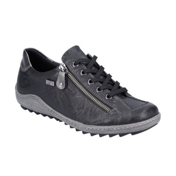 Black lace up shoe with zipper side closure and grey midsole.