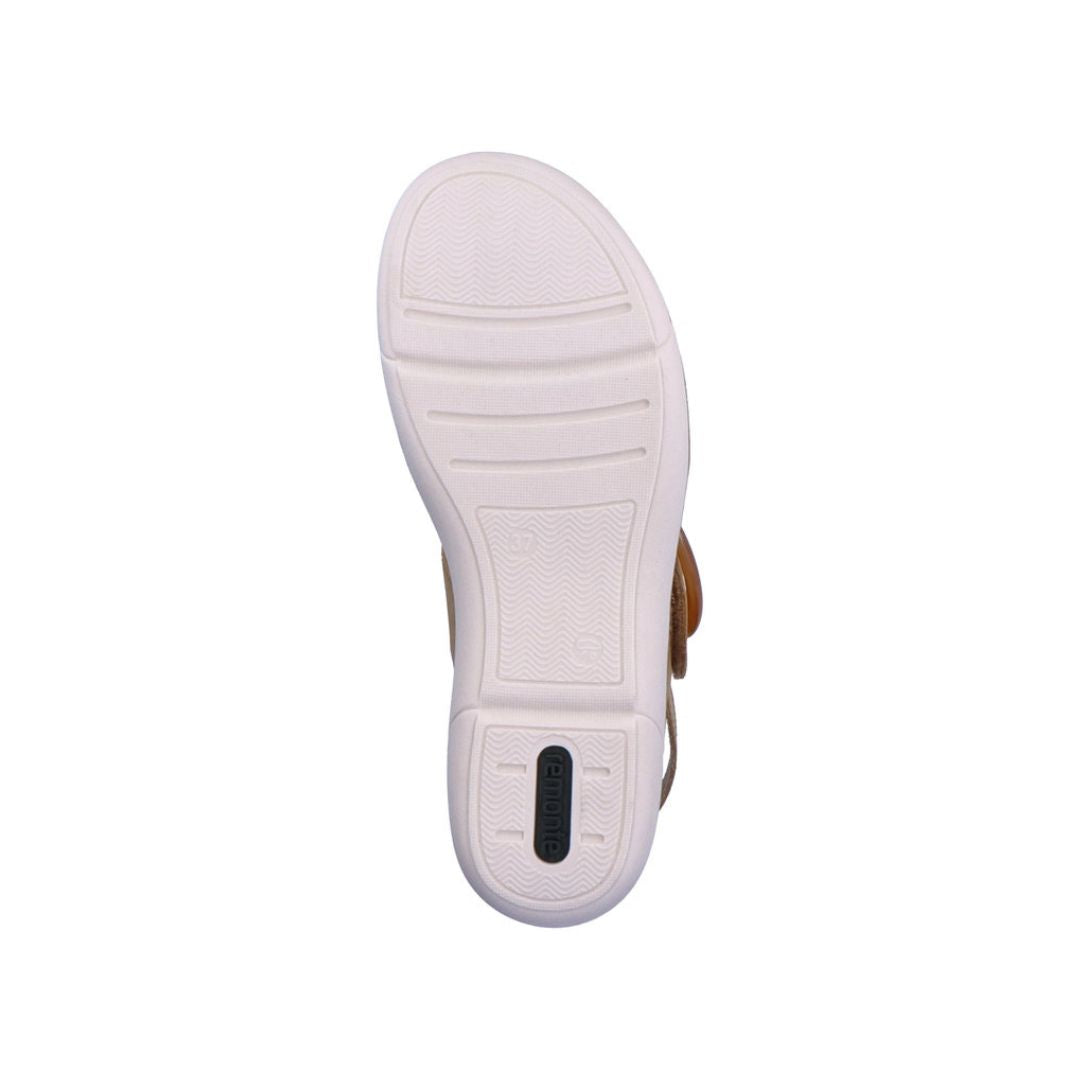 White light textured sandal outsole with green Remonte logo on heel.