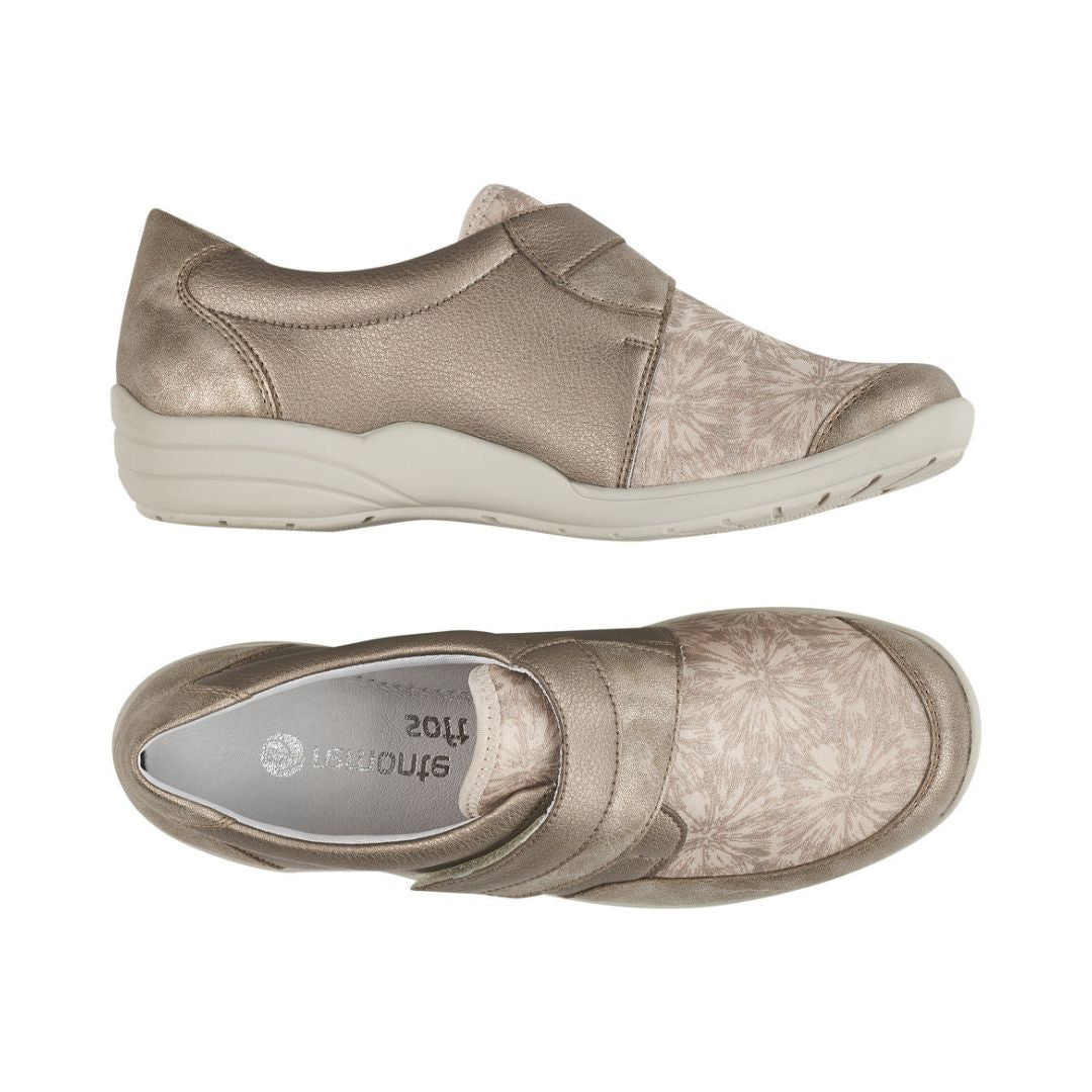 Side and top view of beige Women&#39;s Remonte R7600 Velcro Shoe with floral stretch fabric and soft cushioned design.