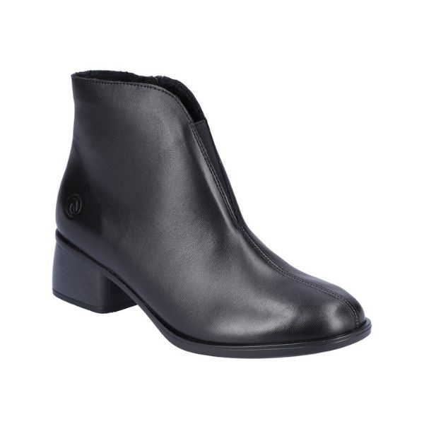 Black leather ankle boot with block heel.