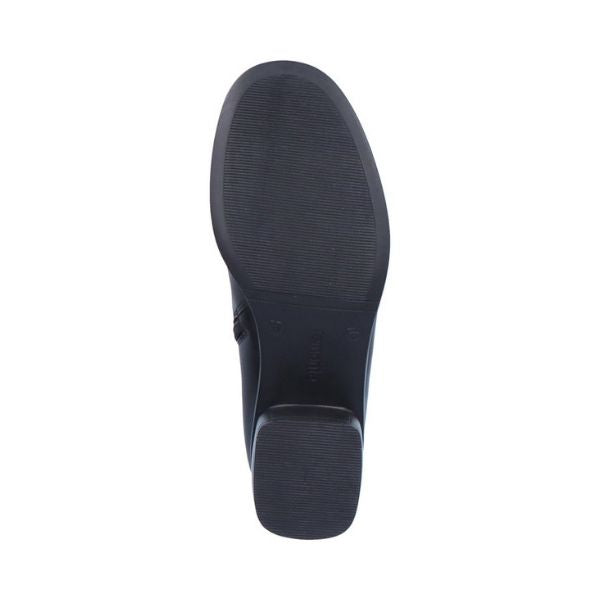 Black rubber outsole of women's boot with stacked heel.