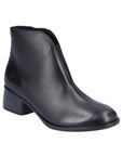 Black leather ankle boot with block heel.