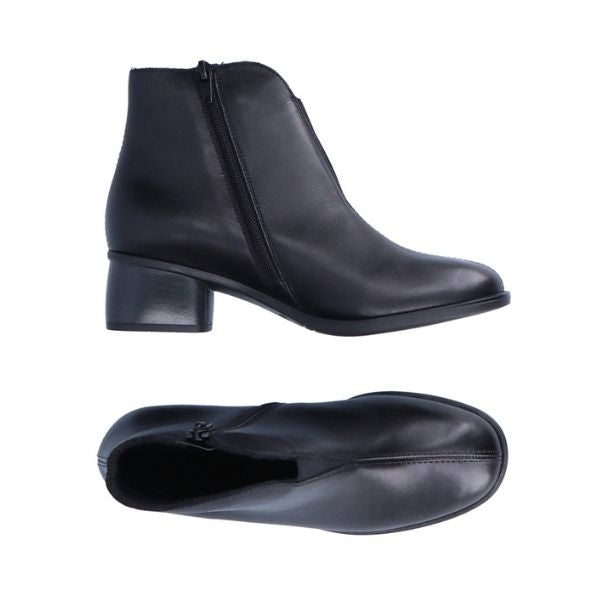 Top and side view of black leather ankle boot with block heel. Inside zipper closure.