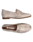 Top and side view gold penny loafer with brown outsole. Silver Remonte logo on insole.