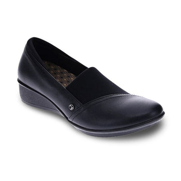 Black leather and neoprene loafer with low wedge outsole.