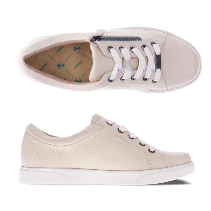 Top and side view of Revere's Ripon sneaker in beige with white laces and a gold zipper.