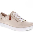 Beige sneaker with white laces, white outsole and gold side zipper. Revere emblem on side of heel.
