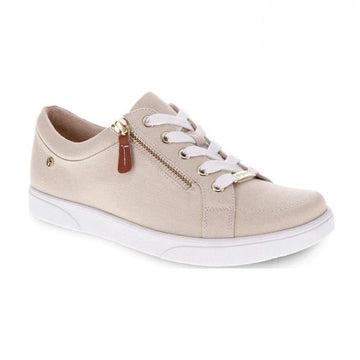 Beige sneaker with white laces, white outsole and gold side zipper. Revere emblem on side of heel.