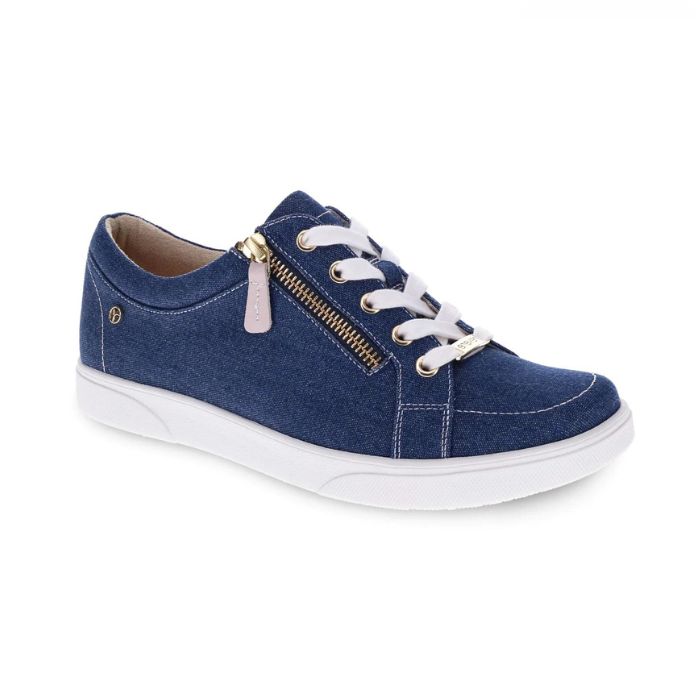 Denim sneaker with white laces, white outsole and gold side zipper. Revere emblem on side of heel.