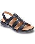 Black strappy sandal with four adjustable straps. Sandal has stud details and a black outsole.