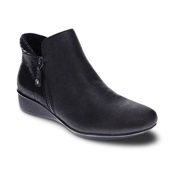 Black leather ankle boot with outside zipper closure and low wedge outsole.