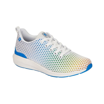 Rainbow sneaker with white mesh overlay, white laces, white midsole and blue outsole.