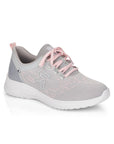 Grey and pink mesh sneaker with pink laces and white outsole.