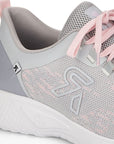 Grey and pink mesh sneaker with pink laces and white outsole. RIeker Revolution R ogo is on the side.