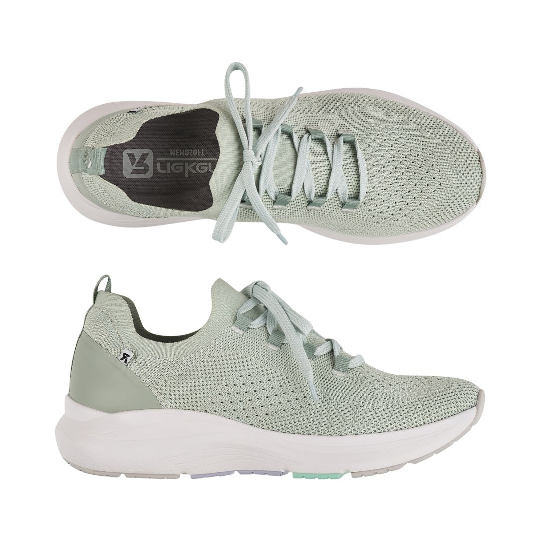 Mint mesh sneaker with laces and white outsole.