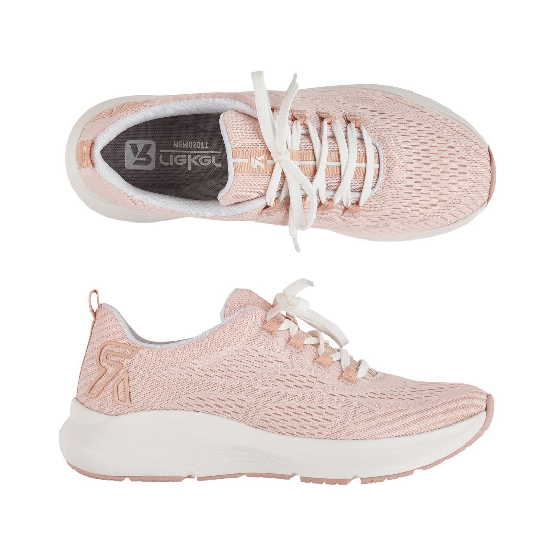 Pink mesh lace-up sneaker with white outsole. R-evolution by Rieker logo on heel