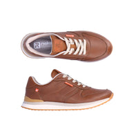 Top and side view of brown leather sneaker with white laces. R-Evolution logo tag on side and tongue.