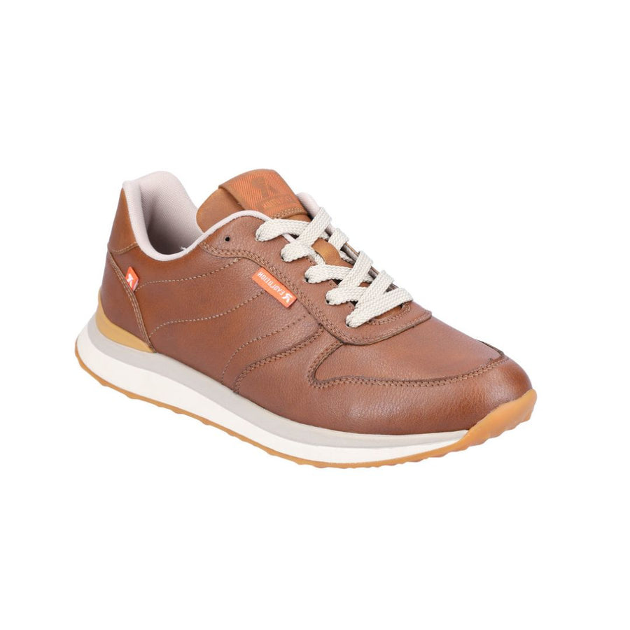 Brown leather sneaker with white laces. R-Evolution logo tag on side and tongue.