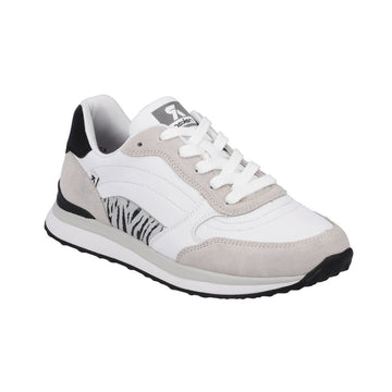 White lace up sneaker with beige and zebra accents. R-Evolution logo is on tongue. 