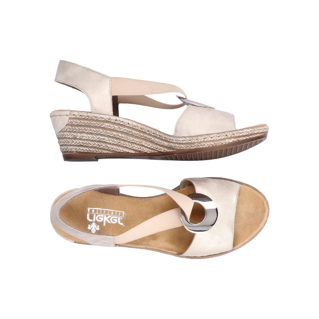 Top and side view of light gold wedge sandal with silver circle detail