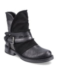 Black ankle boot with pewter buckle.
