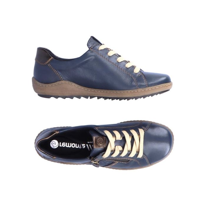 Top and side view of navy leather sneaker with beige laces and side zipper closure. Remonte logo on center of black insole.