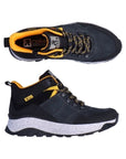 Top and side view of navy Rieker ankle boot with yellow accents, white speckled midsole and black outsole.