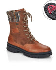 Brown lace up boot with yarn knit cuff and black outsole.